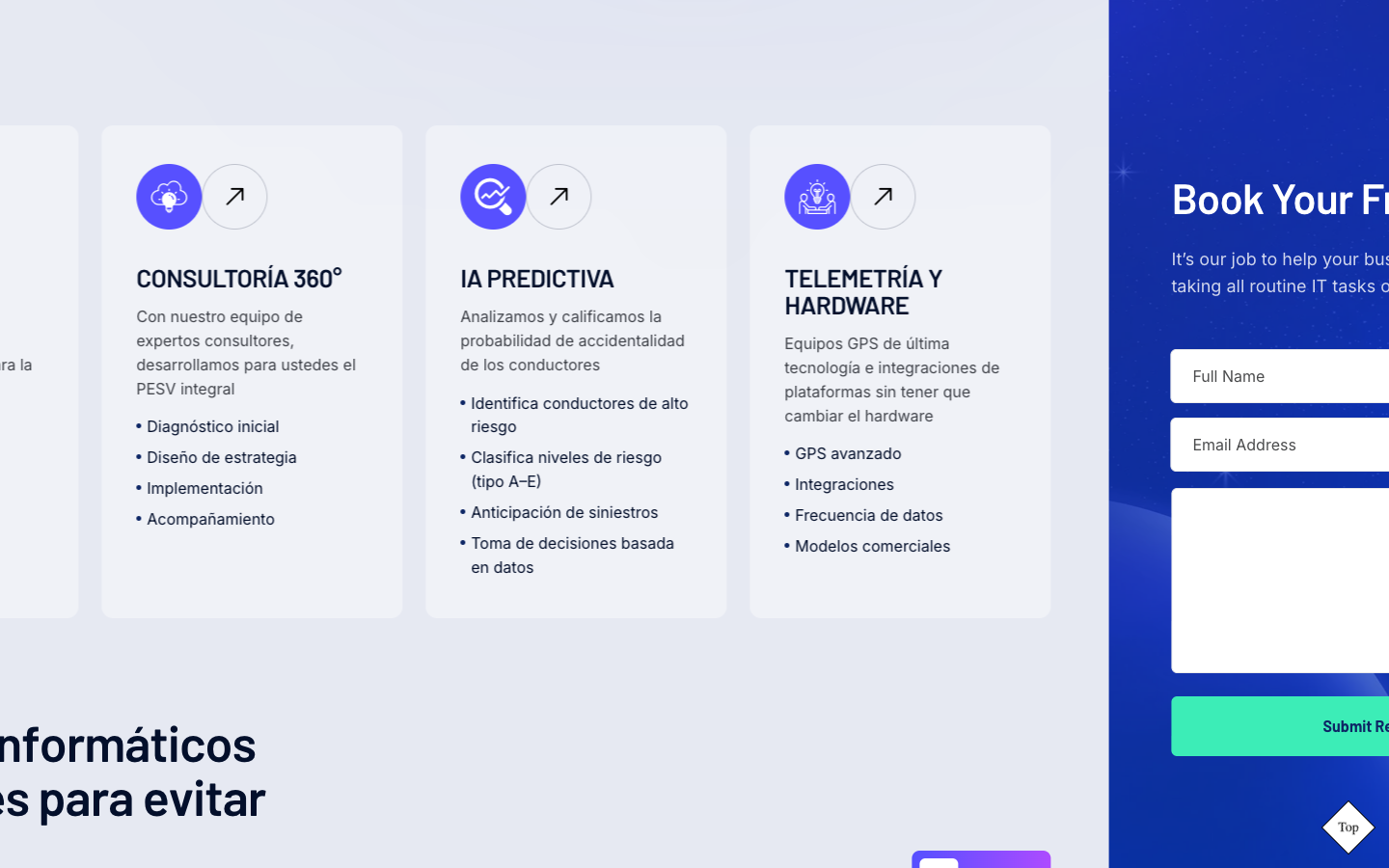 decoltec.com en escritorio: tarjetas de servicios y formulario de plantilla en inglés